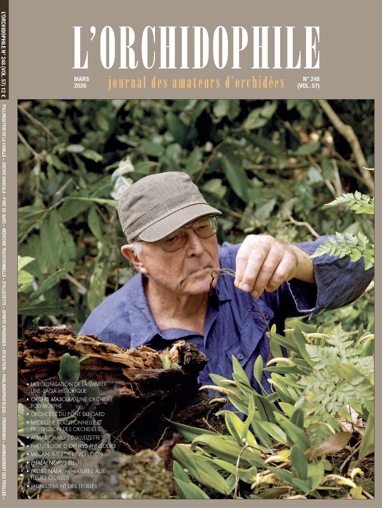 couverture L'Orchidophile, journal des amateurs d'orchidées, numéro 248 mars 2026 Francis Hallé regardant des orchidées dans une forêt à Madagascar